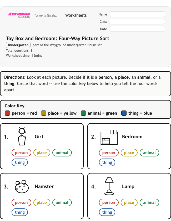 Toy Box and Bedroom: Four-Way Picture Sort - Printable Nouns Worksheets Kindergarten - Wayground