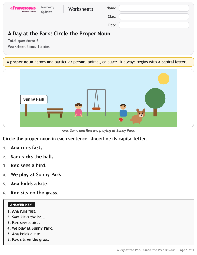 A Day at the Park: Circle the Proper Noun - Printable Nouns Worksheets Kindergarten - Wayground