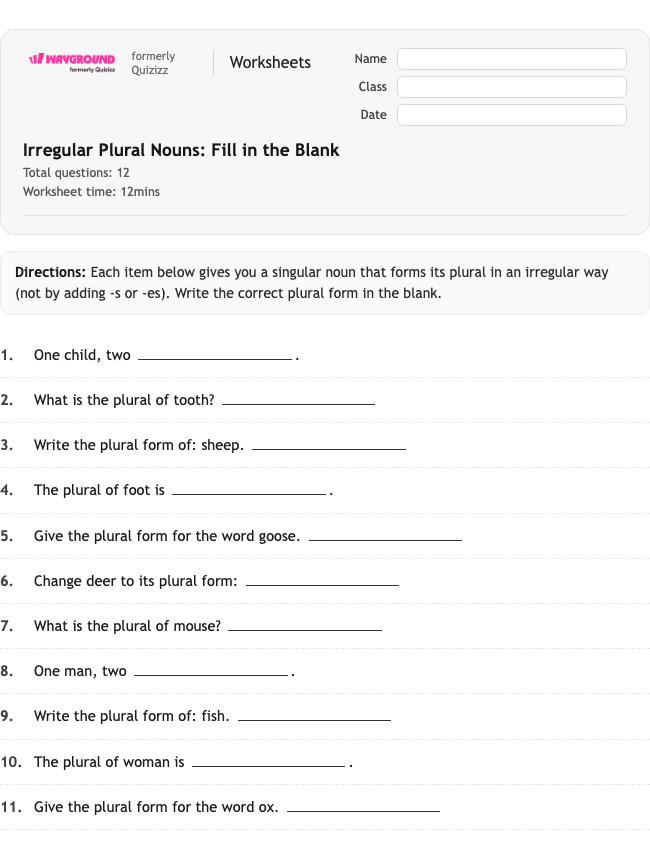 Irregular Plural Nouns: Fill in the Blank - Imprimible Sustantivos Hojas-de-trabajo - Wayground
