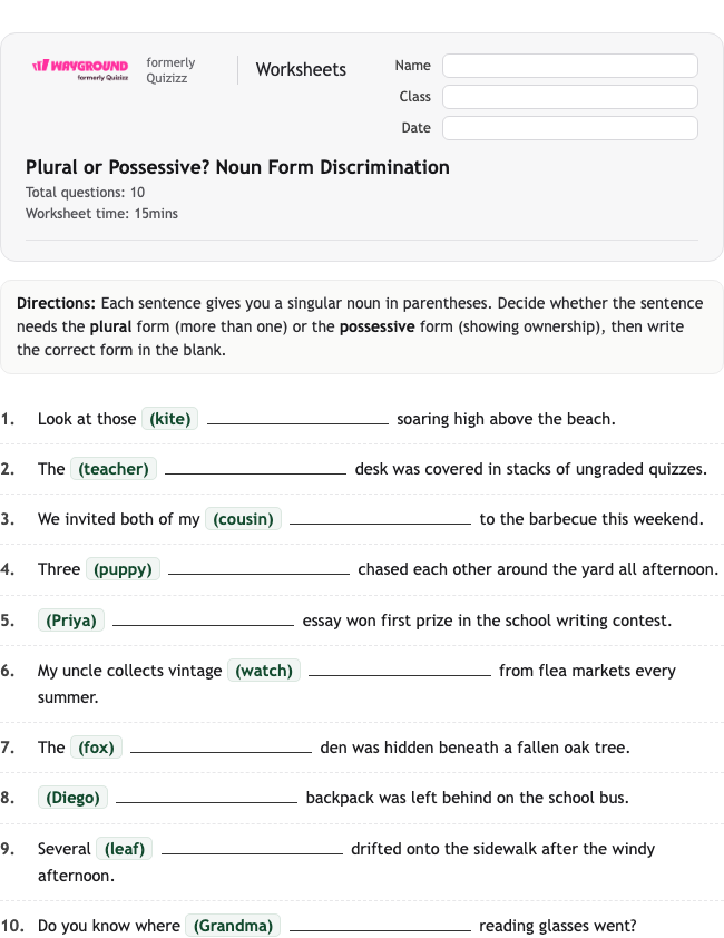 Plural or Possessive? Noun Form Discrimination - Imprimible Sustantivos Hojas-de-trabajo - Wayground