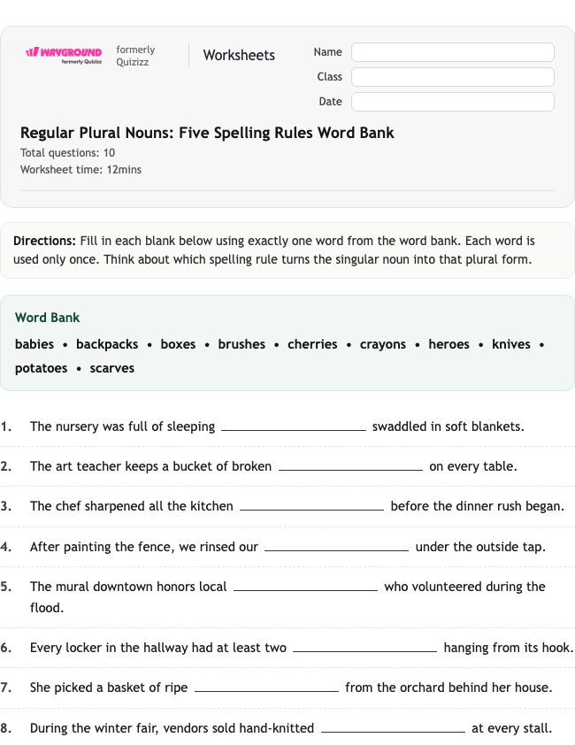 Regular Plural Nouns: Five Spelling Rules Word Bank - Imprimible Sustantivos Hojas-de-trabajo - Wayground