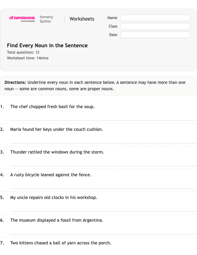 Find Every Noun in the Sentence - Imprimible Sustantivos Hojas-de-trabajo - Wayground