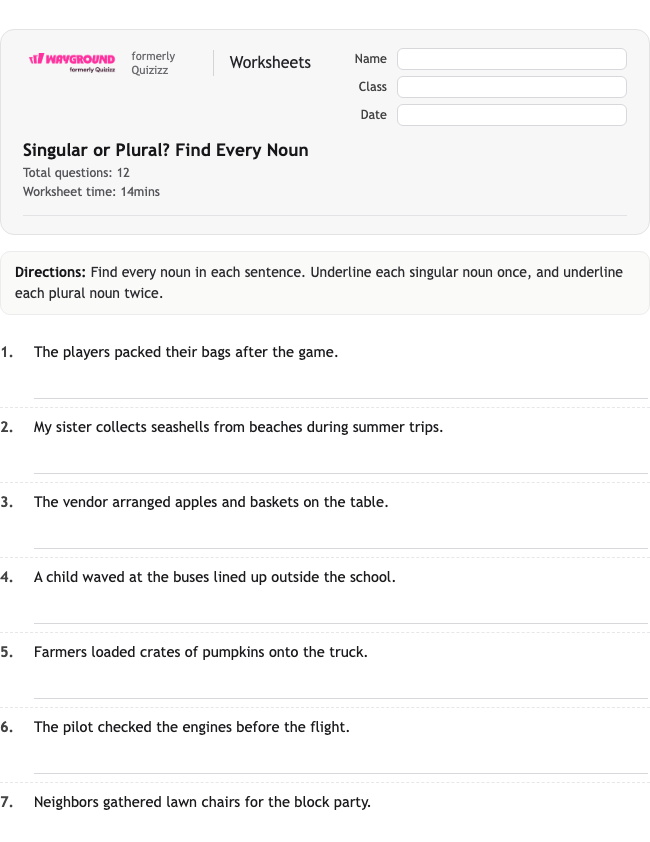 Singular or Plural? Find Every Noun - Imprimible Sustantivos Hojas-de-trabajo - Wayground