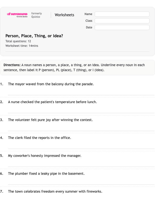 Person, Place, Thing, or Idea? - Imprimible Sustantivos Hojas-de-trabajo - Wayground
