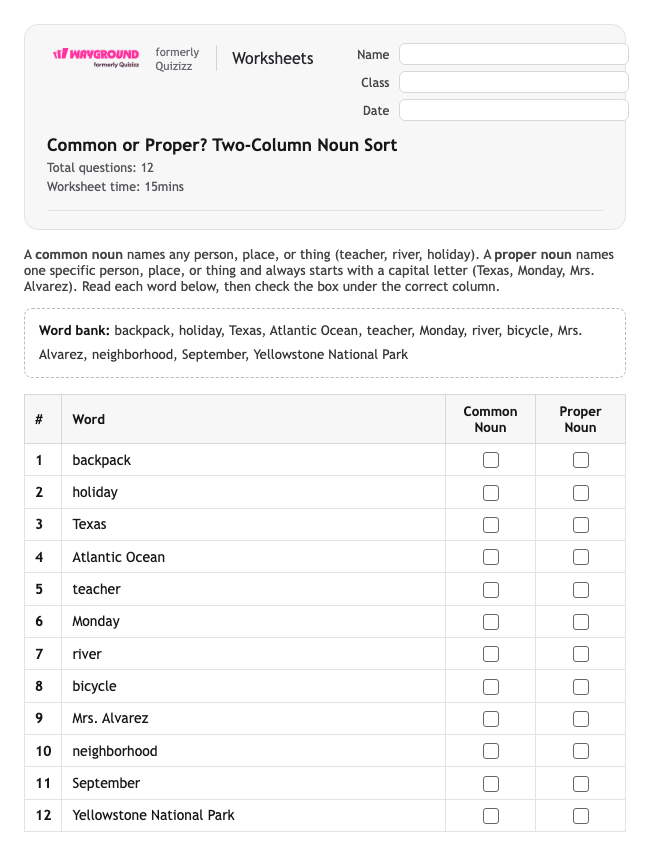 Common or Proper? Two-Column Noun Sort - Imprimible Sustantivos Hojas-de-trabajo - Wayground