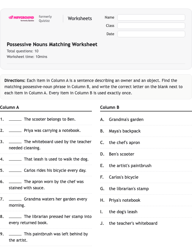Possessive Nouns Matching Worksheet - Imprimible Sustantivos Hojas-de-trabajo - Wayground