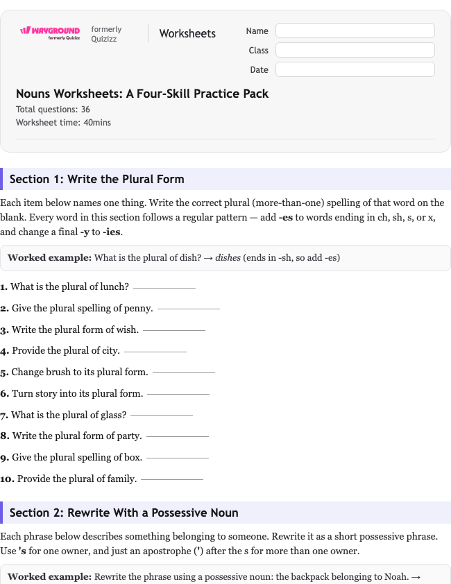 Nouns Worksheets: A Four-Skill Practice Pack - Imprimible Sustantivos Hojas-de-trabajo - Wayground