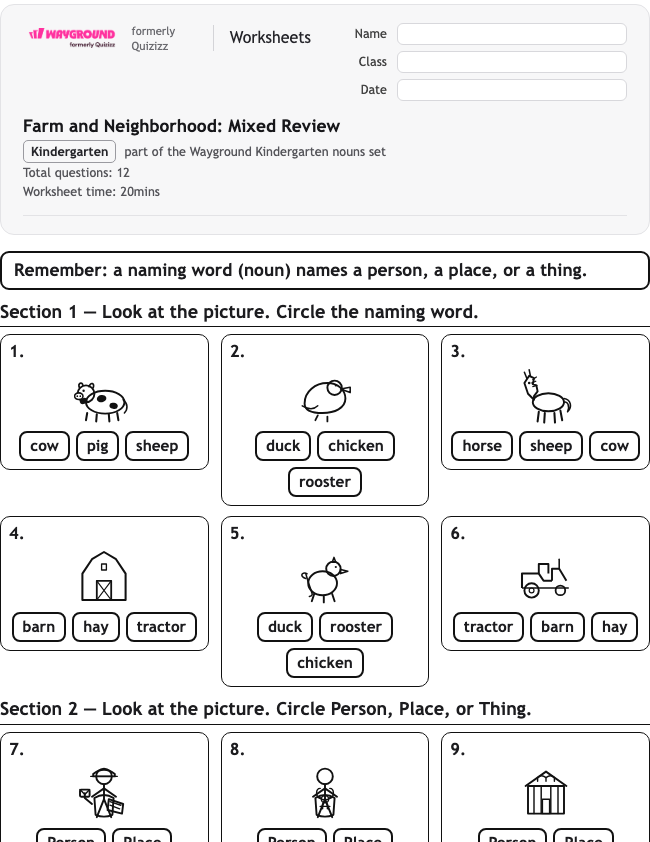 Farm and Neighborhood: Mixed Review - Imprimible Sustantivos Hojas-de-trabajo - Wayground
