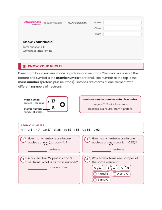 Know Your Nuclei - Printable Nuclear-energy Worksheets Year 9 - Wayground