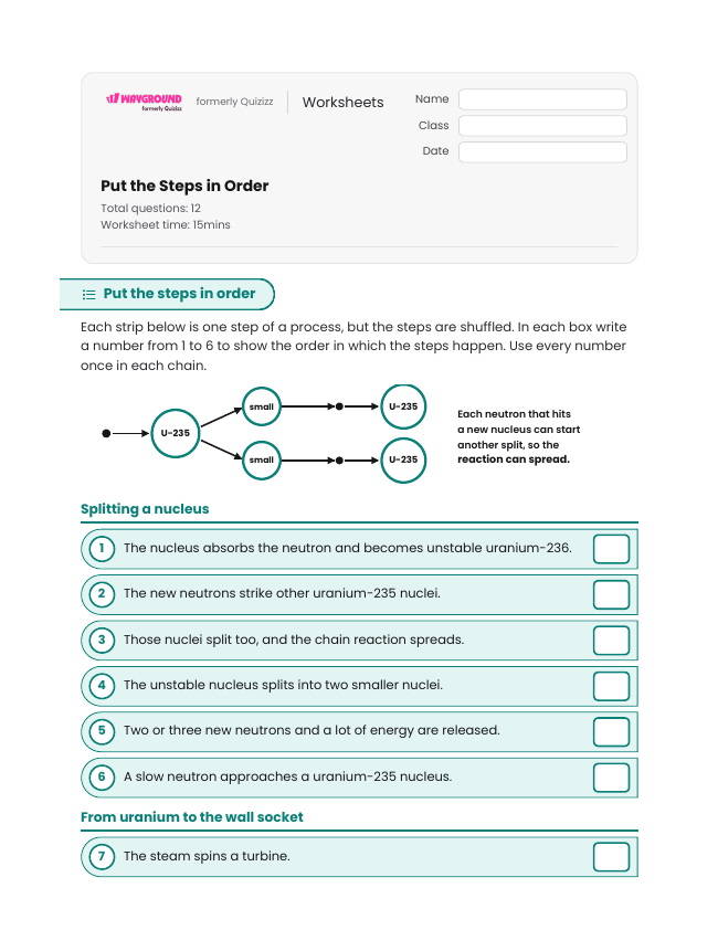 Put the Steps in Order - Printable Nuclear-energy Worksheets Year 9 - Wayground