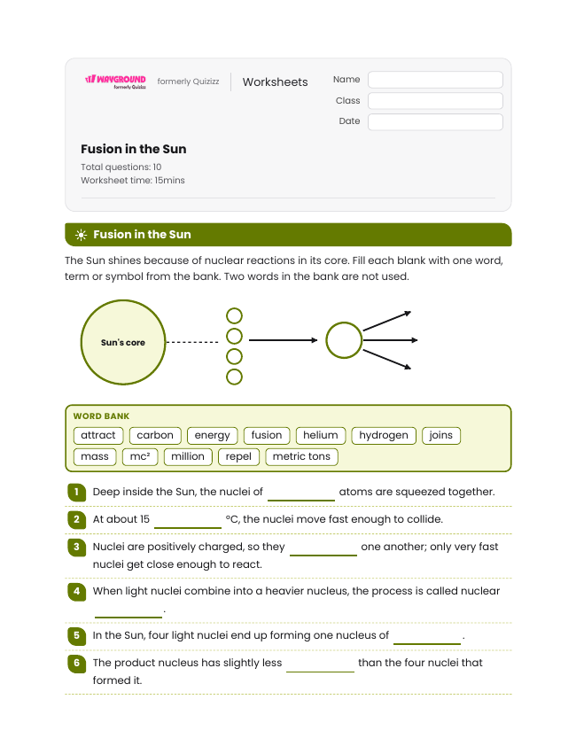 Fusion in the Sun - Printable Nuclear-energy Worksheets Year 9 - Wayground