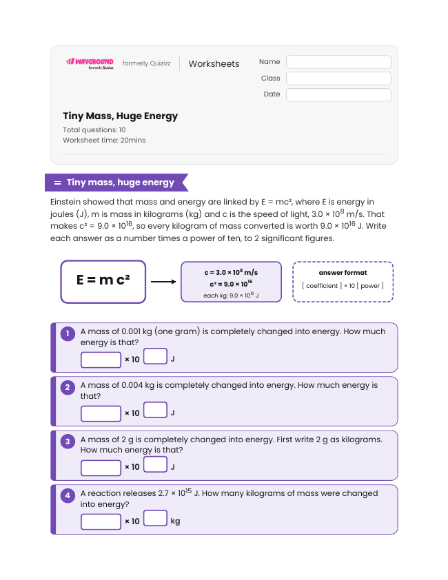 Tiny Mass, Huge Energy - Printable Nuclear-energy Worksheets Year 9 - Wayground