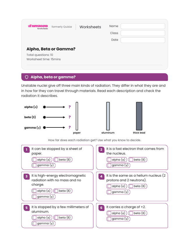 Alpha, Beta or Gamma? - Printable Nuclear-energy Worksheets Year 9 - Wayground