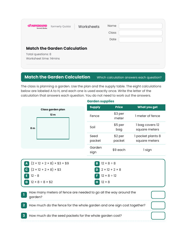 Match the Garden Calculation - Dapat dicetak Tugas-kinerja Lembar-kerja - Wayground