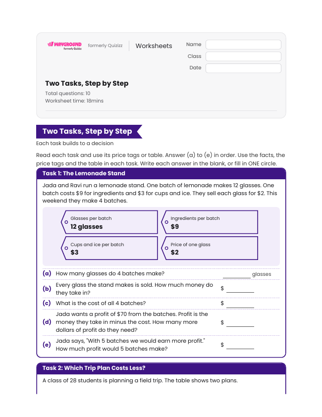 Two Tasks, Step by Step - Dapat dicetak Tugas-kinerja Lembar-kerja - Wayground