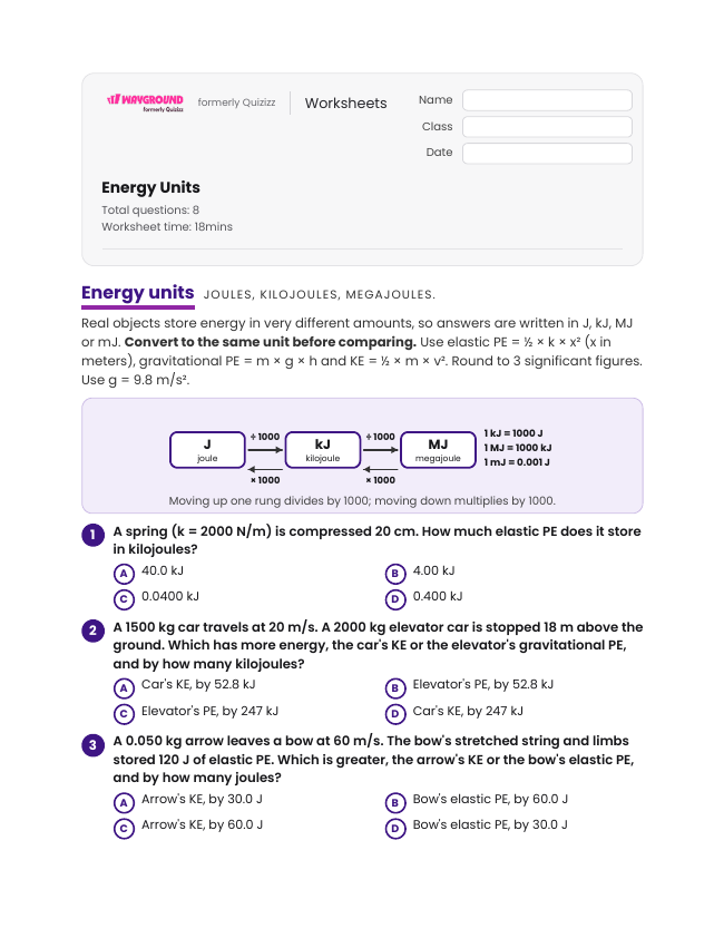 Energy Units - Printable Potential-and-kinetic-energy Worksheets Year 10 - Wayground