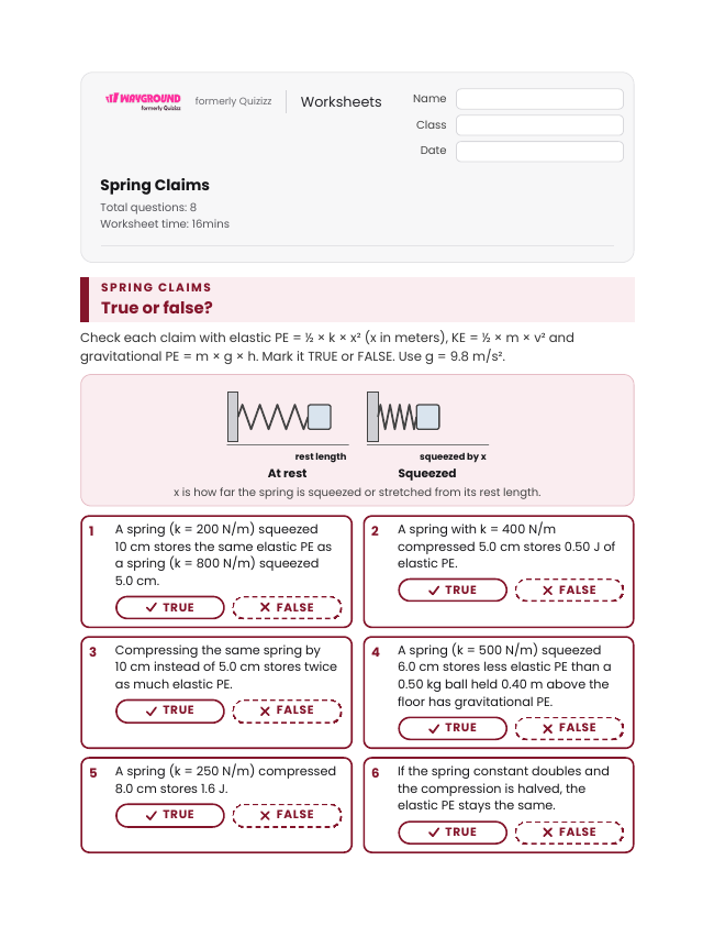 Spring Claims - Printable Potential-and-kinetic-energy Worksheets Year 10 - Wayground