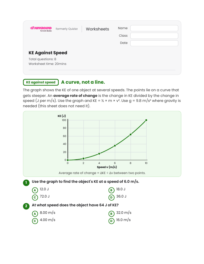 KE Against Speed - พิมพ์ได้ Potential-and-kinetic-energy เวิร์กชีท ระดับ 11 - Wayground