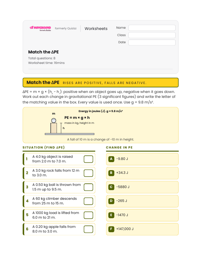 Match the ΔPE - พิมพ์ได้ Potential-and-kinetic-energy เวิร์กชีท ระดับ 11 - Wayground