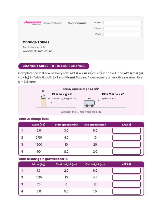 Change Tables - พิมพ์ได้ Potential-and-kinetic-energy เวิร์กชีท ระดับ 11 - Wayground