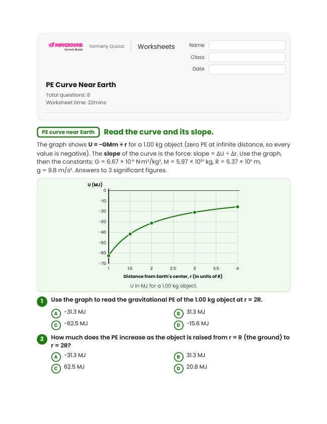 PE Curve Near Earth - พิมพ์ได้ Potential-and-kinetic-energy เวิร์กชีท ระดับ 12 - Wayground