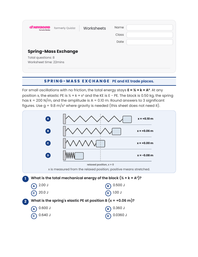 Spring-Mass Exchange - พิมพ์ได้ Potential-and-kinetic-energy เวิร์กชีท ระดับ 12 - Wayground