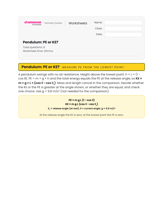 Pendulum: PE or KE? - พิมพ์ได้ Potential-and-kinetic-energy เวิร์กชีท ระดับ 12 - Wayground