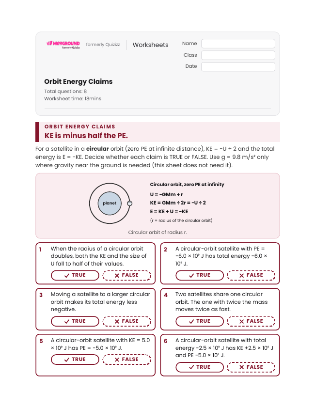 Orbit Energy Claims - พิมพ์ได้ Potential-and-kinetic-energy เวิร์กชีท ระดับ 12 - Wayground