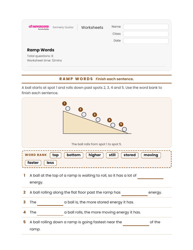 Ramp Words - พิมพ์ได้ Potential-and-kinetic-energy เวิร์กชีท ระดับ 3 - Wayground