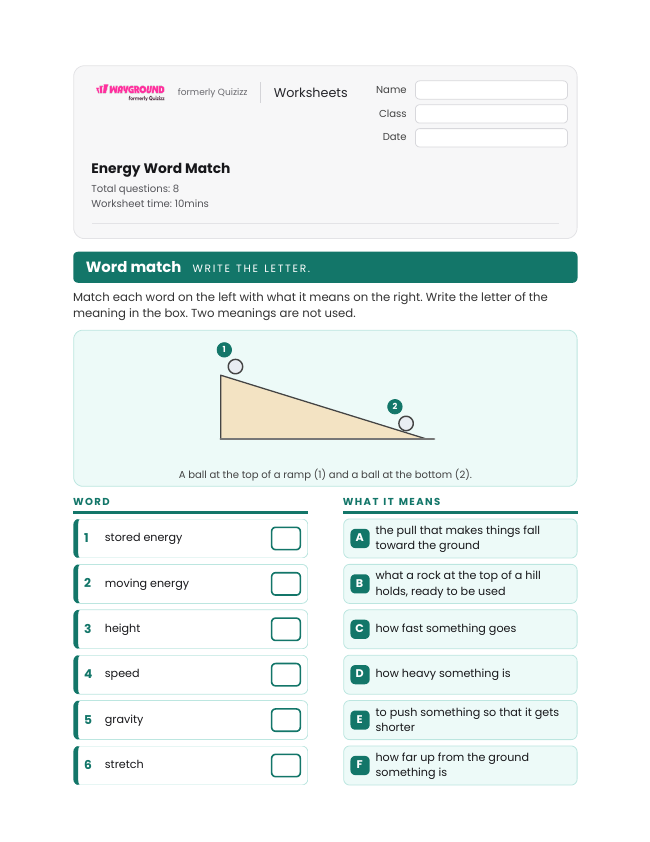 Energy Word Match - พิมพ์ได้ Potential-and-kinetic-energy เวิร์กชีท ระดับ 3 - Wayground