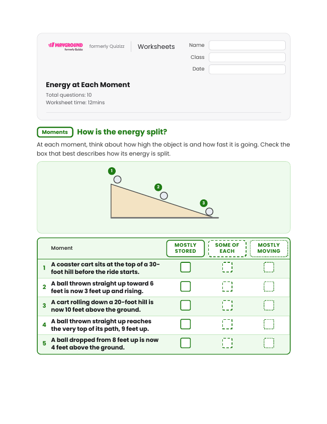 Energy at Each Moment - พิมพ์ได้ Potential-and-kinetic-energy เวิร์กชีท ระดับ 4 - Wayground