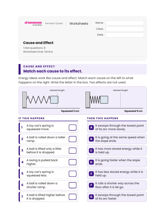 Cause and Effect - พิมพ์ได้ Potential-and-kinetic-energy เวิร์กชีท ระดับ 4 - Wayground