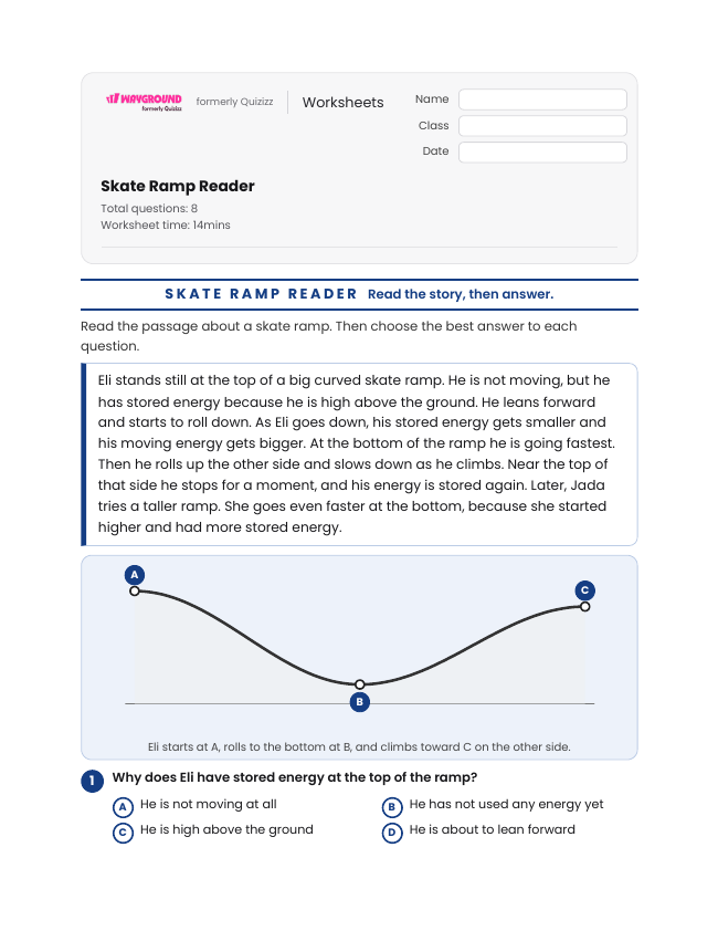 Skate Ramp Reader - พิมพ์ได้ Potential-and-kinetic-energy เวิร์กชีท ระดับ 4 - Wayground