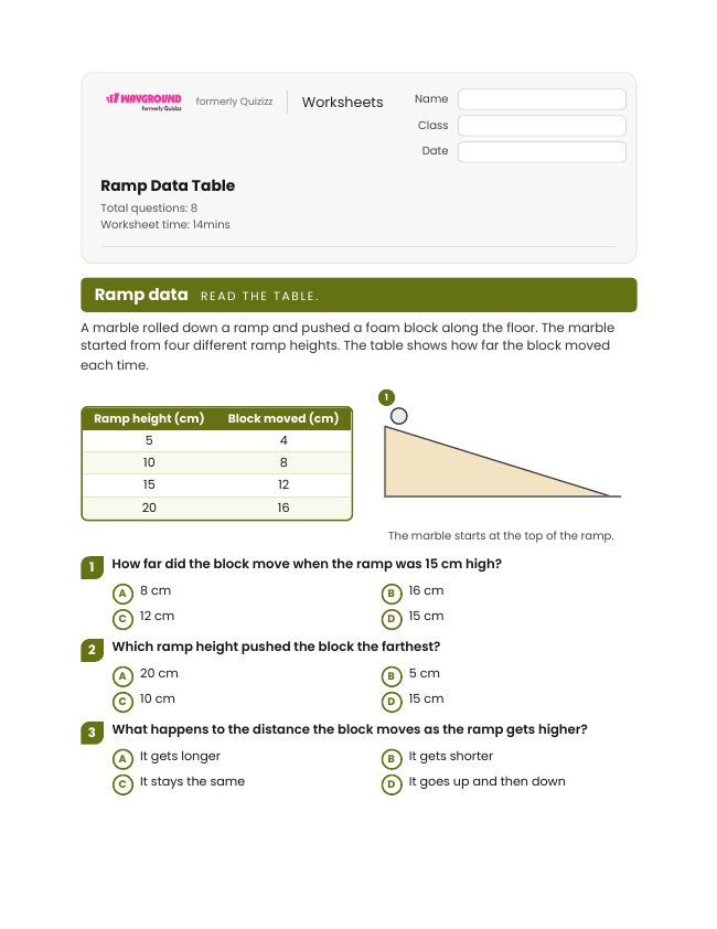 Ramp Data Table - พิมพ์ได้ Potential-and-kinetic-energy เวิร์กชีท ระดับ 4 - Wayground