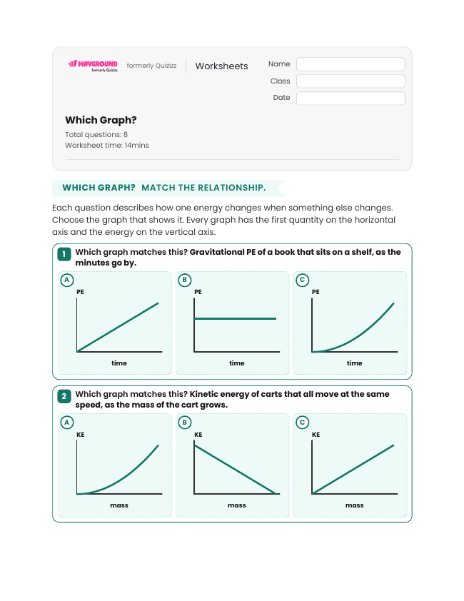 Which Graph? - พิมพ์ได้ Potential-and-kinetic-energy เวิร์กชีท ระดับ 7 - Wayground