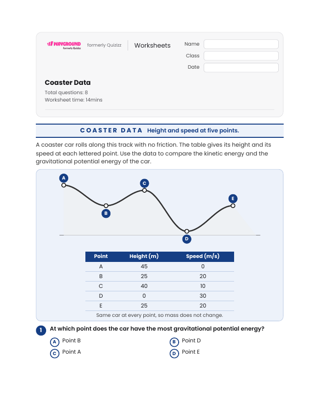 Coaster Data - พิมพ์ได้ Potential-and-kinetic-energy เวิร์กชีท ระดับ 7 - Wayground