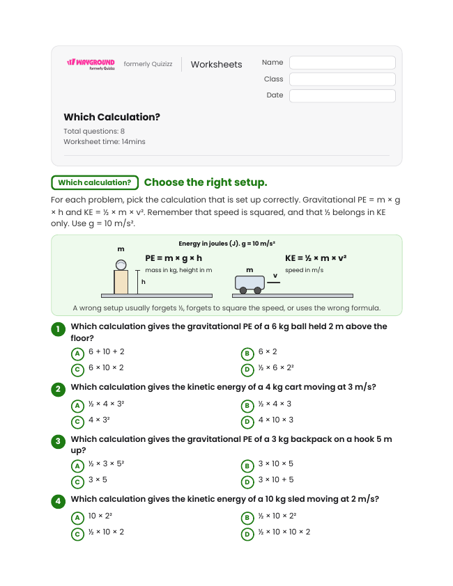 Which Calculation? - พิมพ์ได้ Potential-and-kinetic-energy เวิร์กชีท ระดับ 8 - Wayground