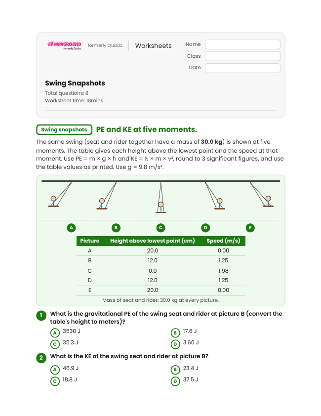 Swing Snapshots - พิมพ์ได้ Potential-and-kinetic-energy เวิร์กชีท ระดับ 9 - Wayground
