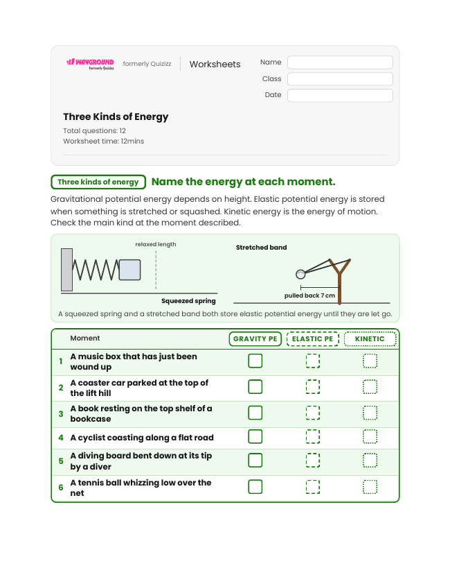 Three Kinds of Energy - Imprimível Energia-potencial-e-cinética Fichas-de-trabalho - Wayground