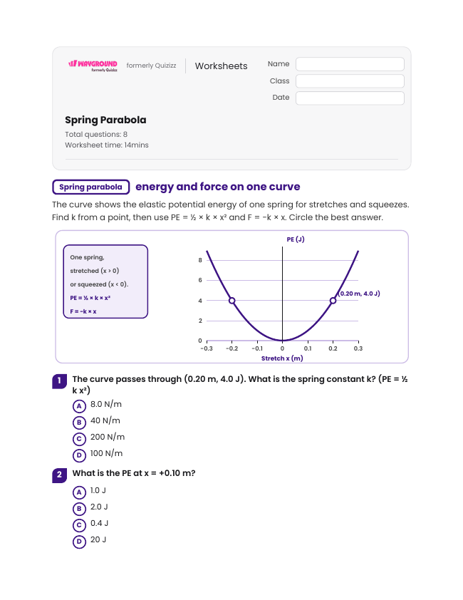 Spring Parabola - Dapat dicetak Energi-potensial Lembar-kerja Kelas 10 - Wayground