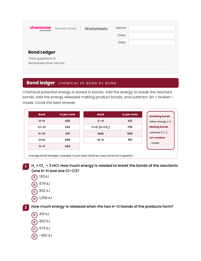 Bond Ledger - Dapat dicetak Energi-potensial Lembar-kerja Kelas 10 - Wayground