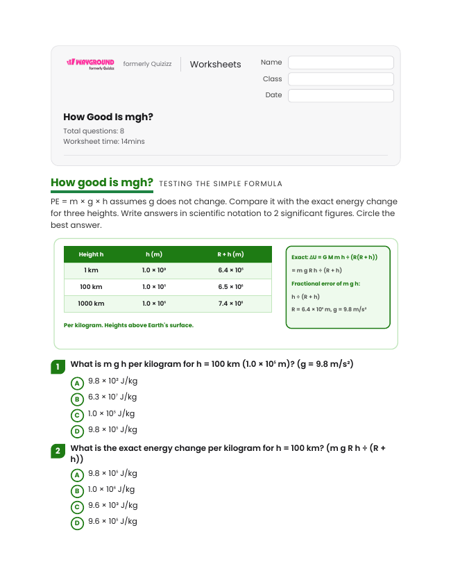How Good Is mgh? - Imprimible Energía-potencial Hojas-de-trabajo Grado 12 - Wayground