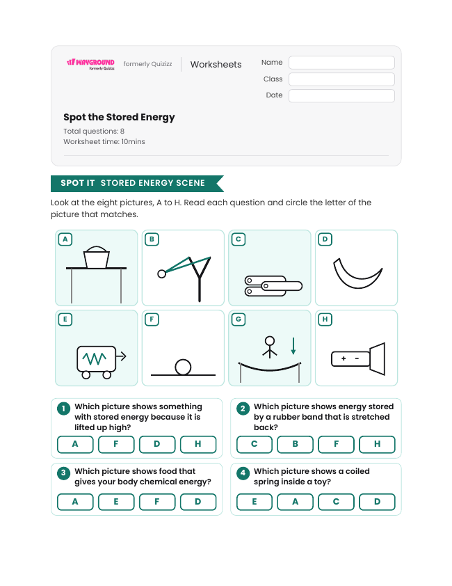 Spot the Stored Energy - Imprimível Energia-potencial Fichas-de-trabalho Série 3 - Wayground