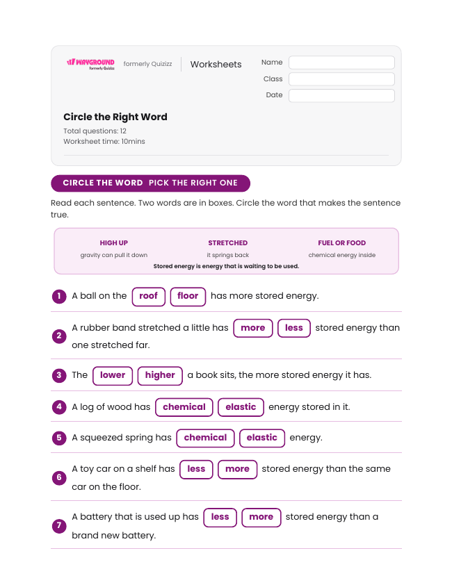Circle the Right Word - Imprimível Energia-potencial Fichas-de-trabalho Série 3 - Wayground