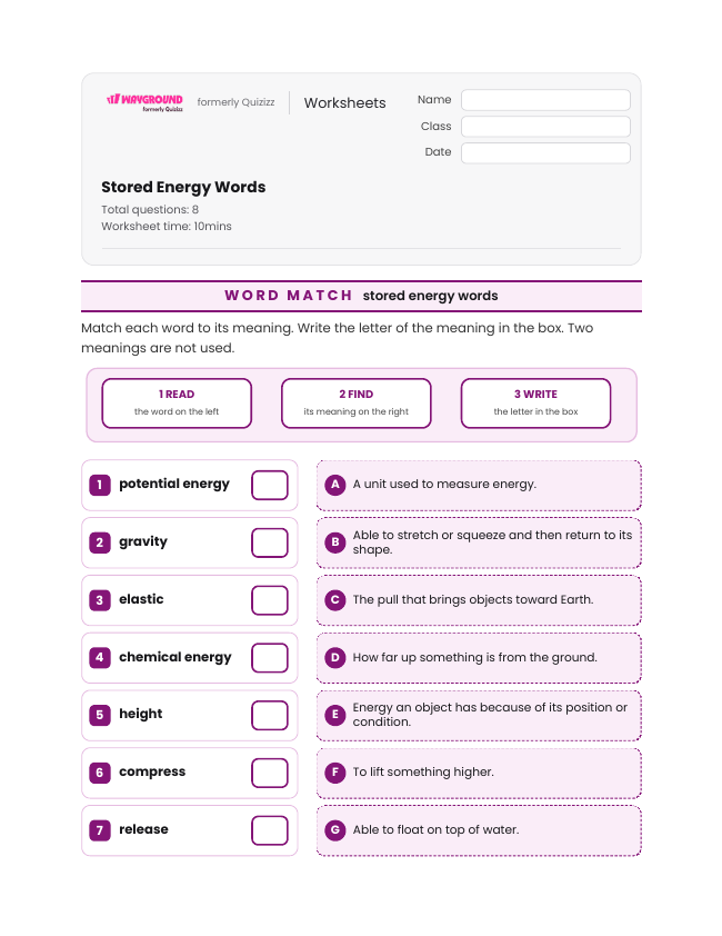 Stored Energy Words - Imprimível Energia-potencial Fichas-de-trabalho Série 4 - Wayground