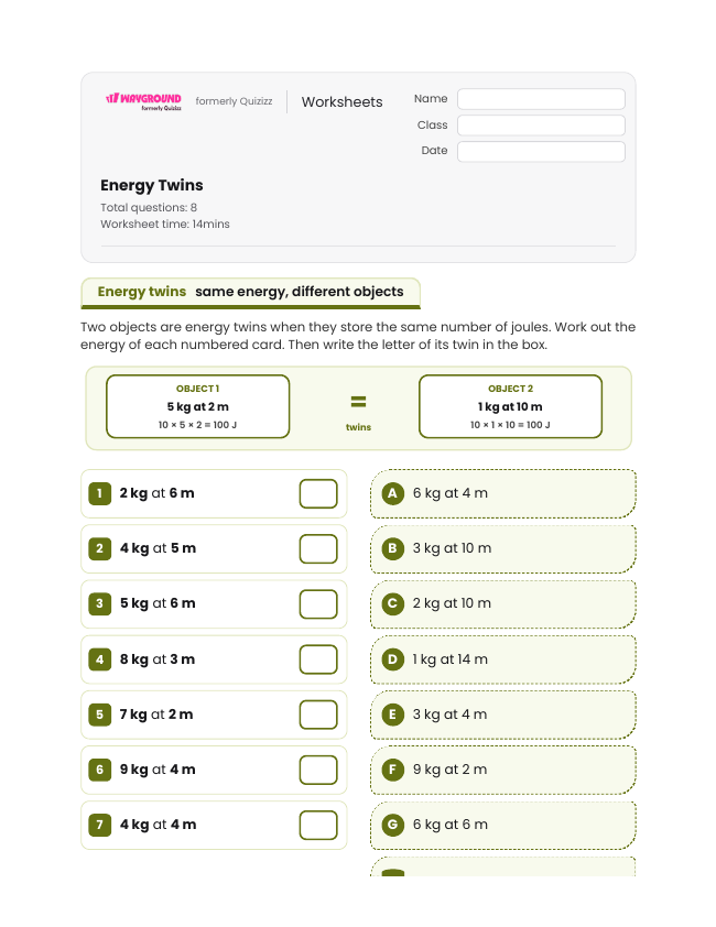 Energy Twins - Imprimível Energia-potencial Fichas-de-trabalho Série 5 - Wayground