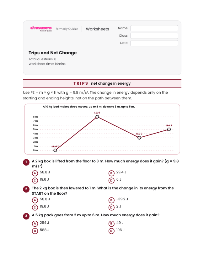 Trips and Net Change - Imprimível Energia-potencial Fichas-de-trabalho Série 7 - Wayground