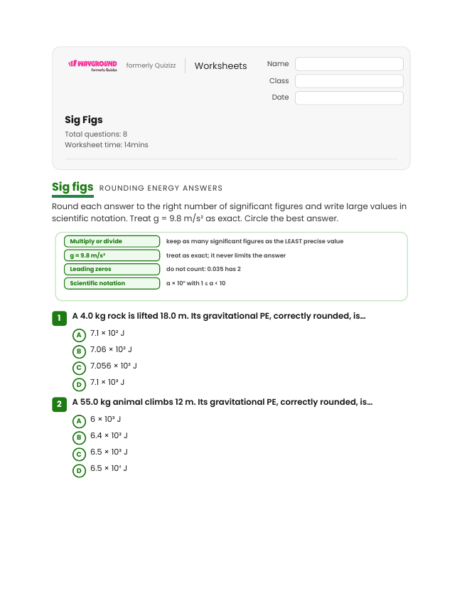 Sig Figs - Imprimible Energía-potencial Hojas-de-trabajo Grado 9 - Wayground