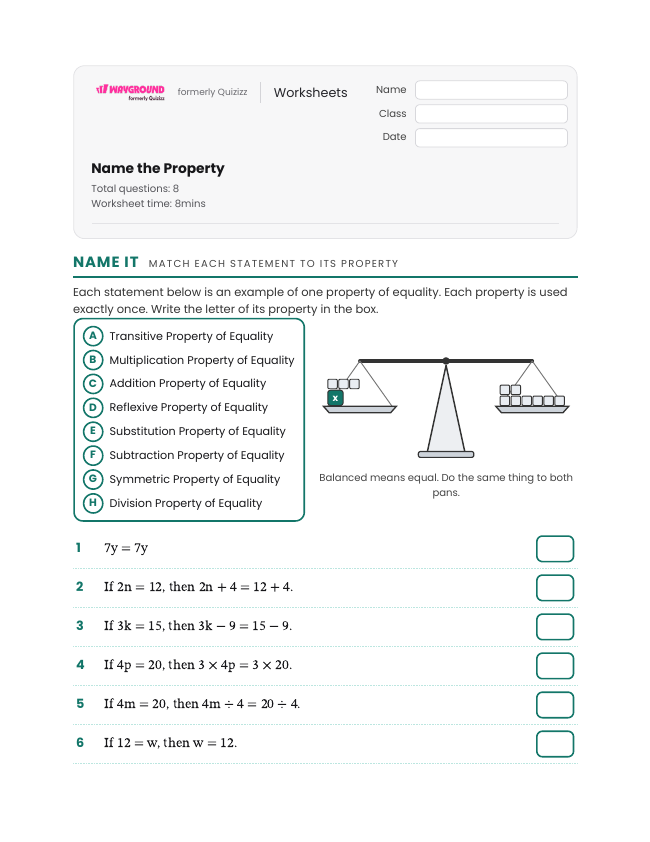 Name the Property - Printable Properties-of-equality Worksheets - Wayground