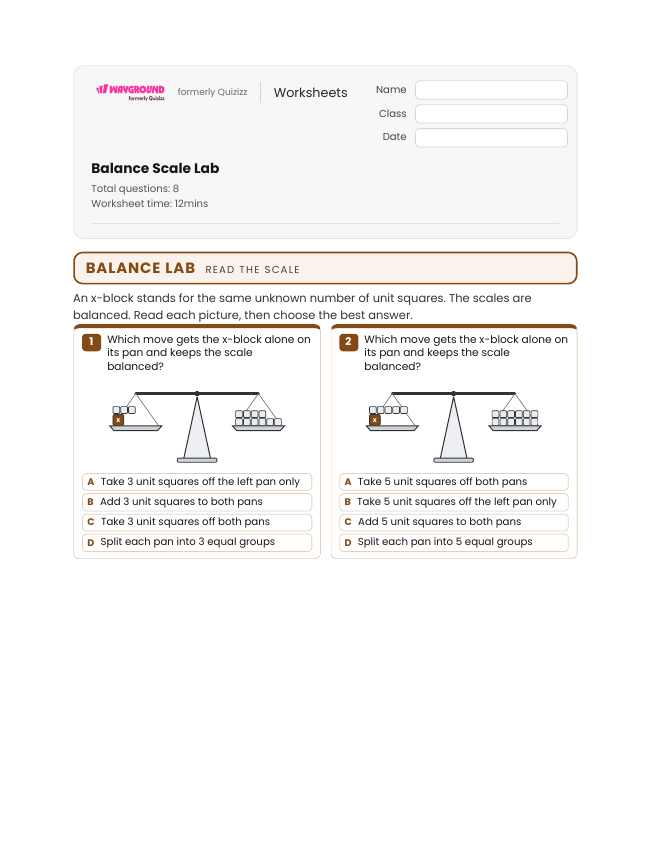 Balance Scale Lab - Printable Properties-of-equality Worksheets - Wayground